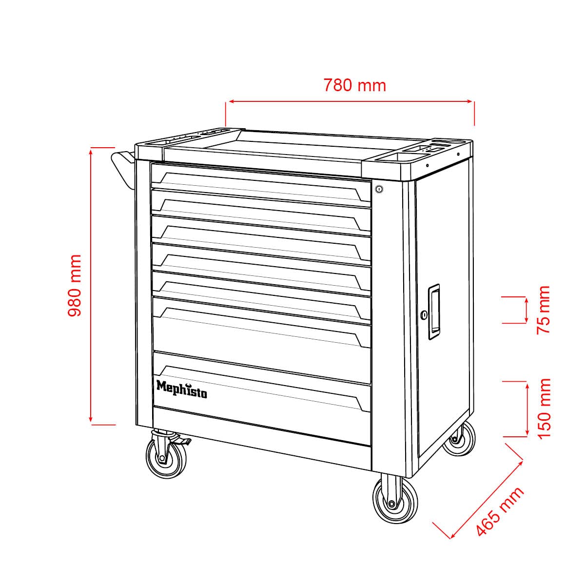 Mephisto XXL Werkzeugwagen Werkstattwagen mit 7 Schubladen Davon 7 mit Werkzeug wie Schraubenschlüssel, Ratsche mit Nusskasten, Schraubendreher usw. in Soft Inlays in Carbonoptik gefüllte Schubladen