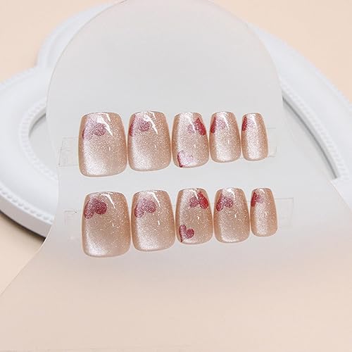 Miniatura 3 de Uñas postizas a presión con diseño de ojo de gato, uñas postizas cortas cuadradas con diseños del día de San Valentín, corazón rojo, cobertura