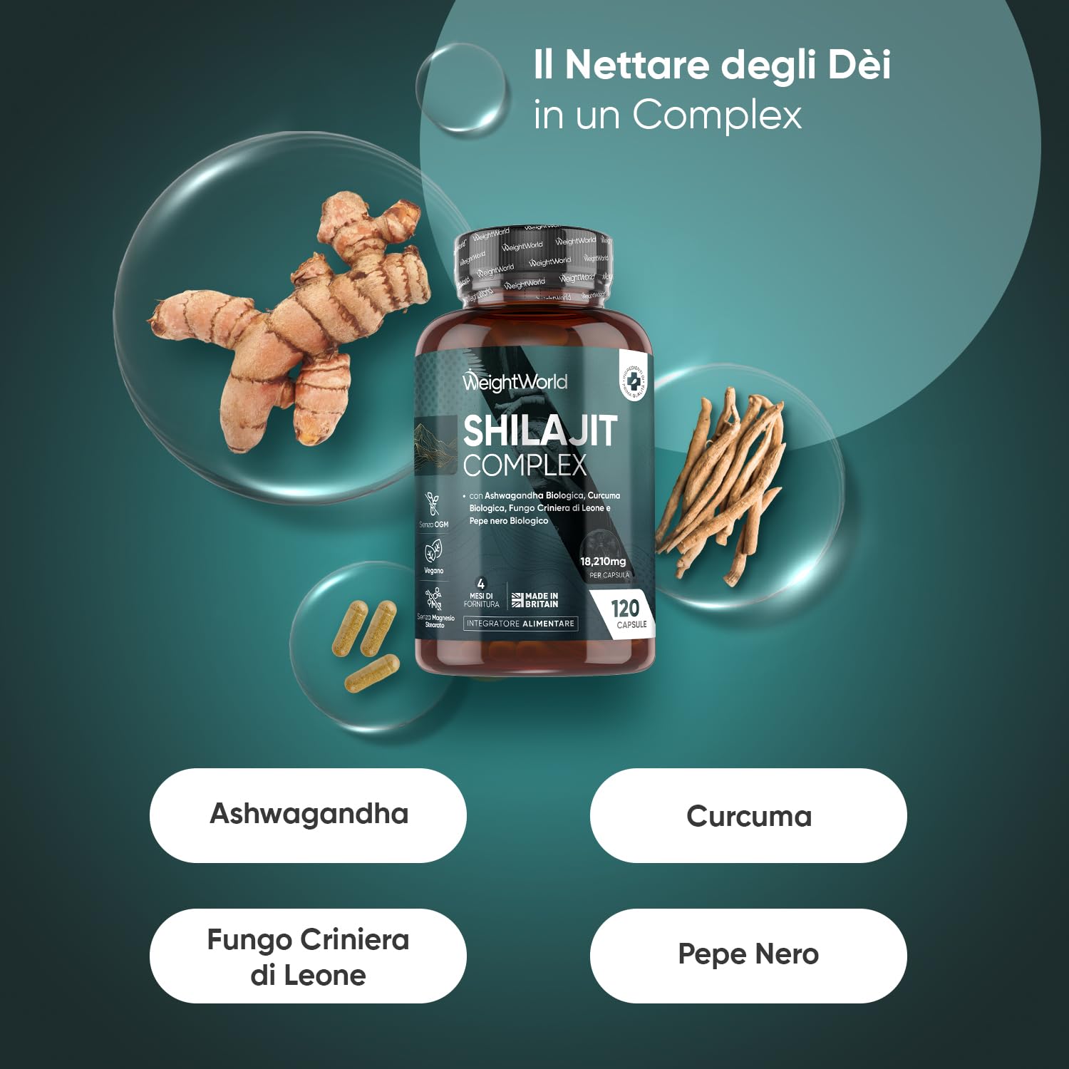 Shilajit Complex 18210mg, 120 Capsule Vegane, 1 al Giorno (per 4 Mesi), con Ashwagandha Bio, Curcuma Bio, Lions Mane Mushroom, Pepe Nero, Shilajit Integratore, Estratto 40:1, Senza Magnesio Stearato