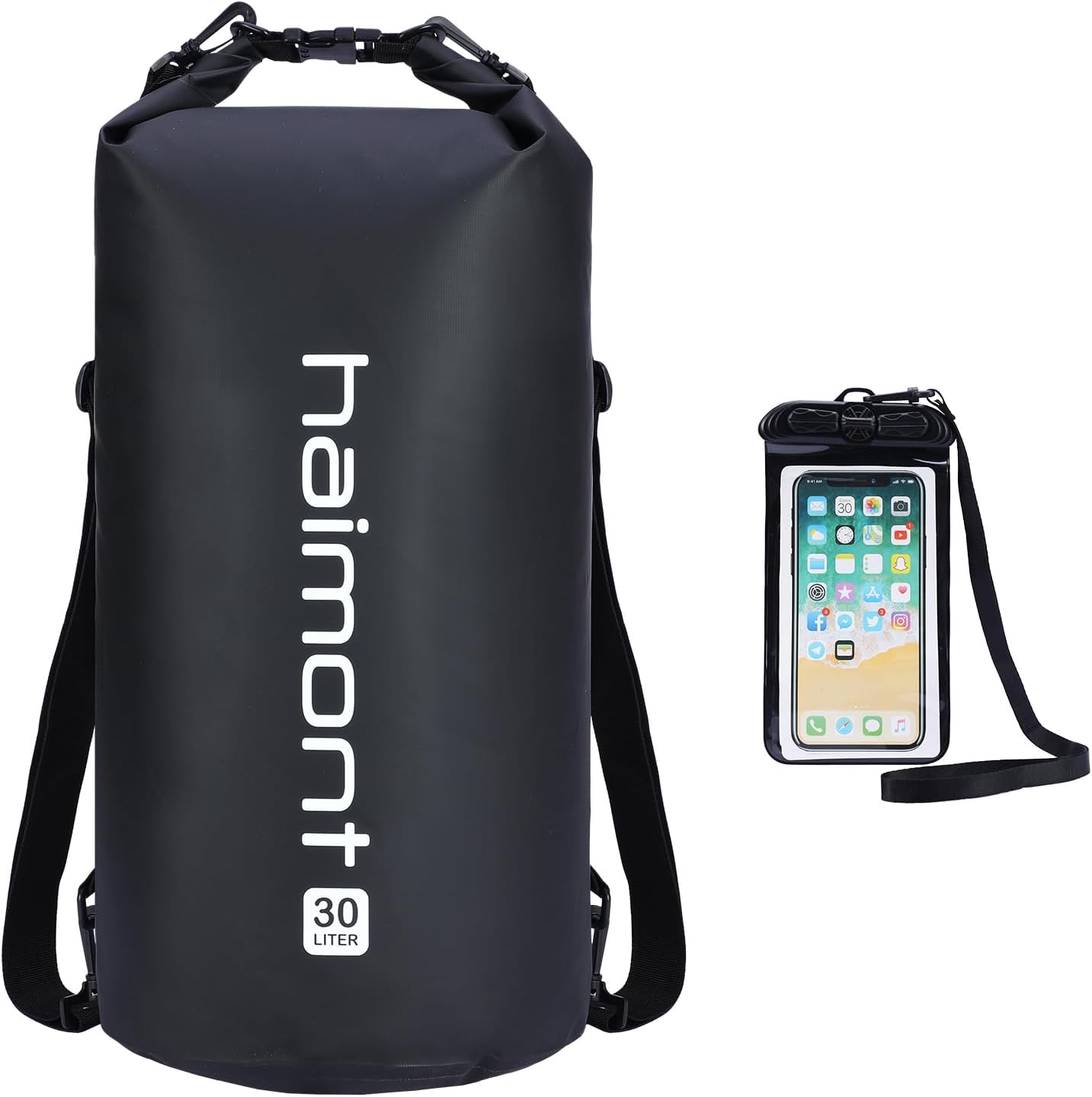 Haimont Waterproof Dry Bag Floating Dry Sack Roll Top Drybag Backpack for Kayaking, Rafting, Boating, Fishing with IPX8 Waterproof Phone Case, Black, 30L