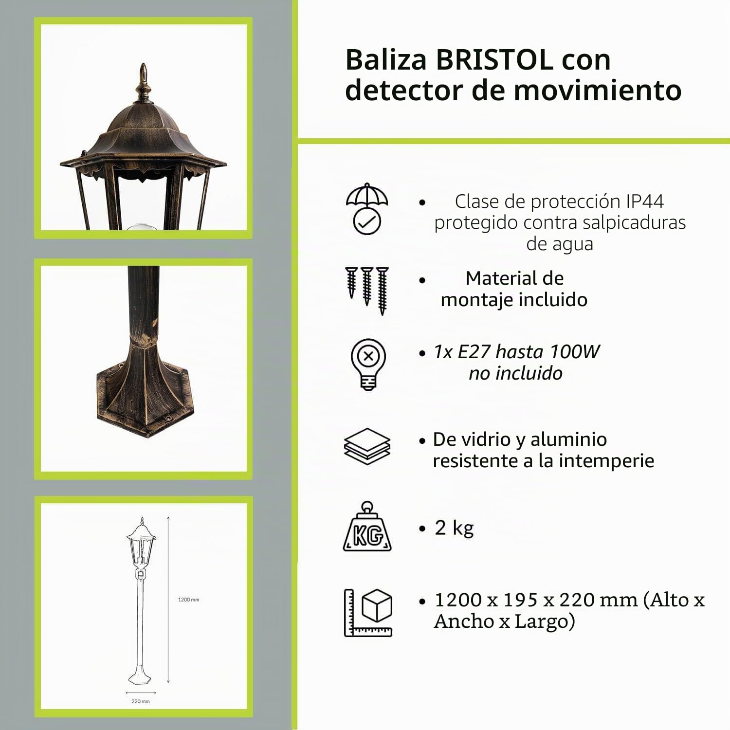 Licht-Erlebnisse BRISTOL - Lámpara de pie con detector de movimiento, color negro y cobre, pequeño, 120 cm, IP44, lámpara rústica de jardín