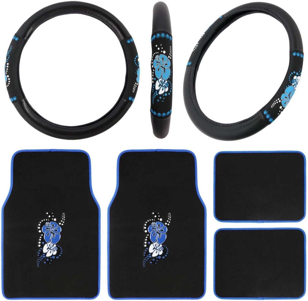 Carpet Floor Mats Steering Wheel Combo Set Hawaii Blue Floral Design Flowers