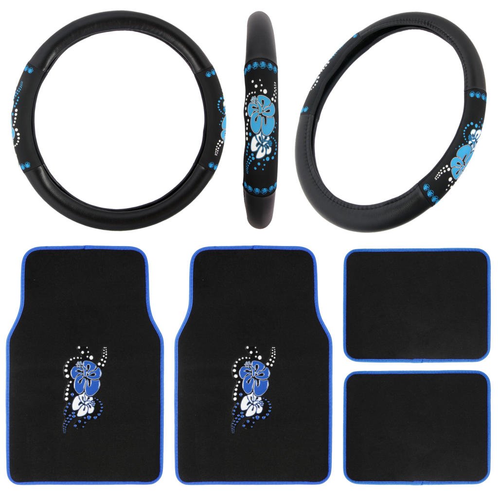 Carpet Floor Mats Steering Wheel Combo Set Hawaii Blue Floral Design Flowers