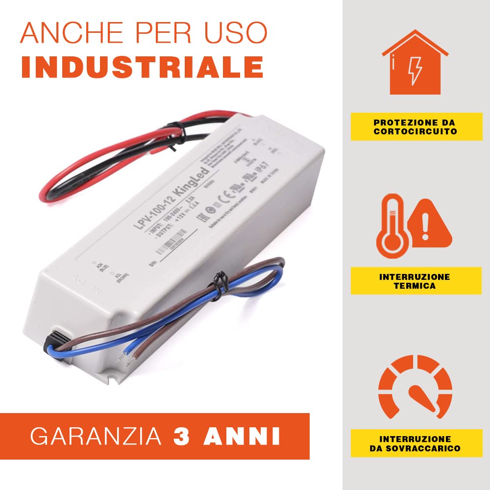 KingLed – MeanWell Fuente de alimentación Mean Well AC/DC LPV-100-12 100W DC 12V Resistente Al Agua IP67 Transformador Switching Mean Well para productos LED Serie LPV– cód. 0596