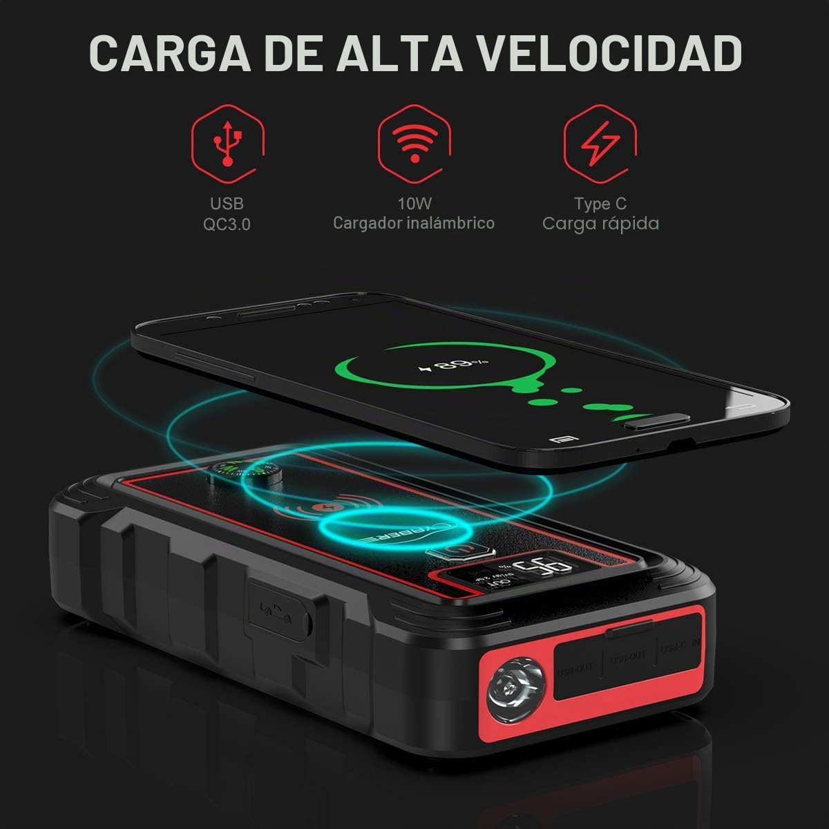 YABER Arrancador de Coche, Pico de 2500A 23800mAh Arrancador de Batería de Coche (Toda Gasolina o 8.0L Diésel) Cargador Inalámbrico Portátil con Linterna LED, Encendedor de Cigarrillos EC5,