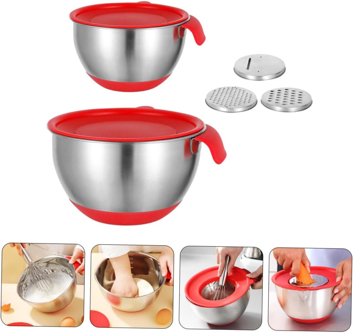 Stainless Steel Mixing Bowl with Red Handle Set, 18cm 20cm Diameter, Silicone Non-slip Base, Multi-function Kitchen Salad and Dough Bowl with 2 Lettered Lids and 3 Graters