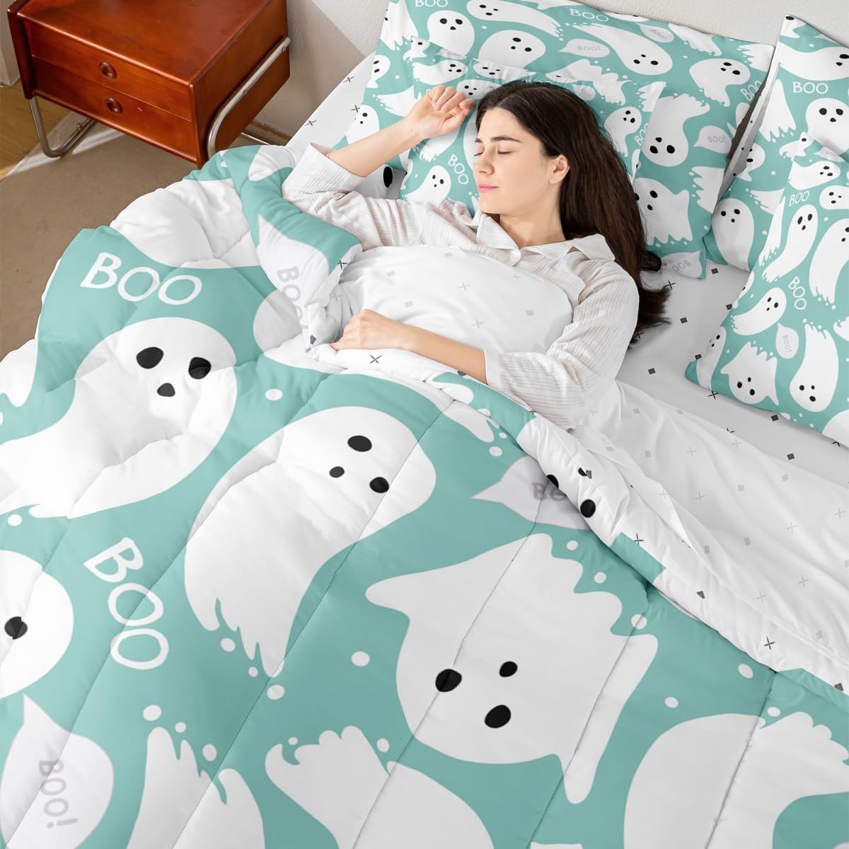 Feelyou Kids Teal Ghost Comforter Set Queen Size 7 Pieces Comforters Cute Halloween Bedding Set Trick or Treat Bed Set Bed in a Bag with Comforter, Sheets, Pillowcases & Cushion Covers