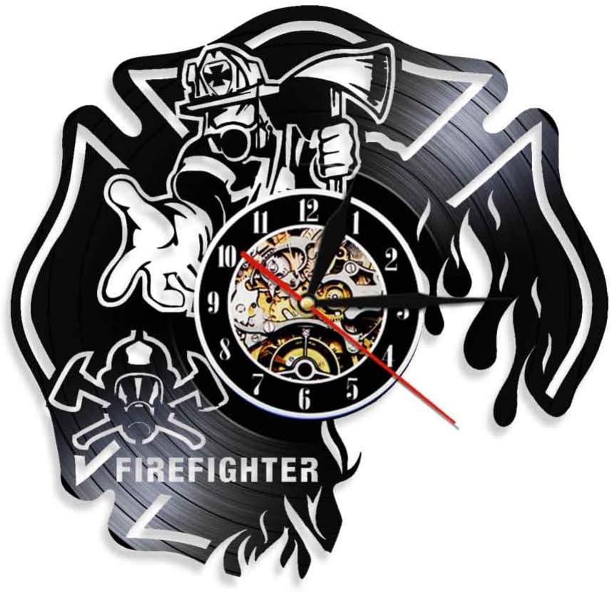 FIDMEKFIDMEK Wall Clock Firefighter Clock Fire Dept Wall Decor Wall Clock Firemen Helmet Fire Rescue Vinyl Record Wall Clock Burned Maltese Cross Clock