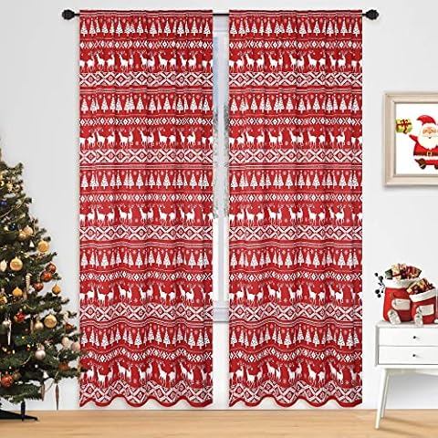 LinTimes Blickdichte Gardinen Verdunklungsvorhang 2er Set Weihnachten Gardinen mit Tunnelzug Kälteschutz Thermovorhang Gardinenschals Baum und Hirsch Druck Rot 132 x 228 cm Cover