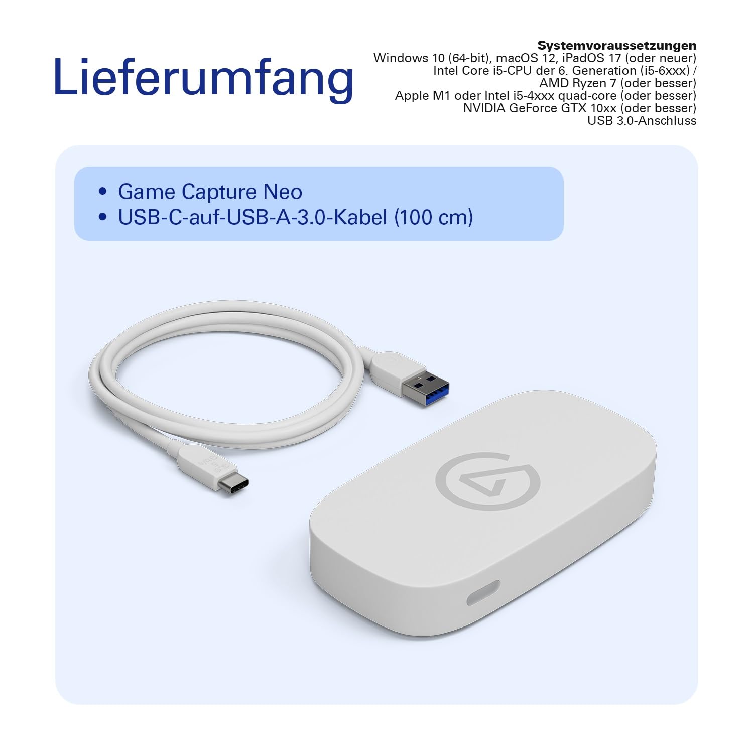 Elgato Game Capture Neo, portable USB-Capture-Card, 4K60 HDR | 1080p60-Aufnahme, kaum Latenz, Plug and Play, für PS5, Xbox, Switch, PC, Mac, iPad