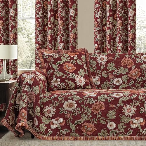 Loom and Mill Luxury Floral Jacquard Sofa Couch Covers, Rust Red, 71"x118"
