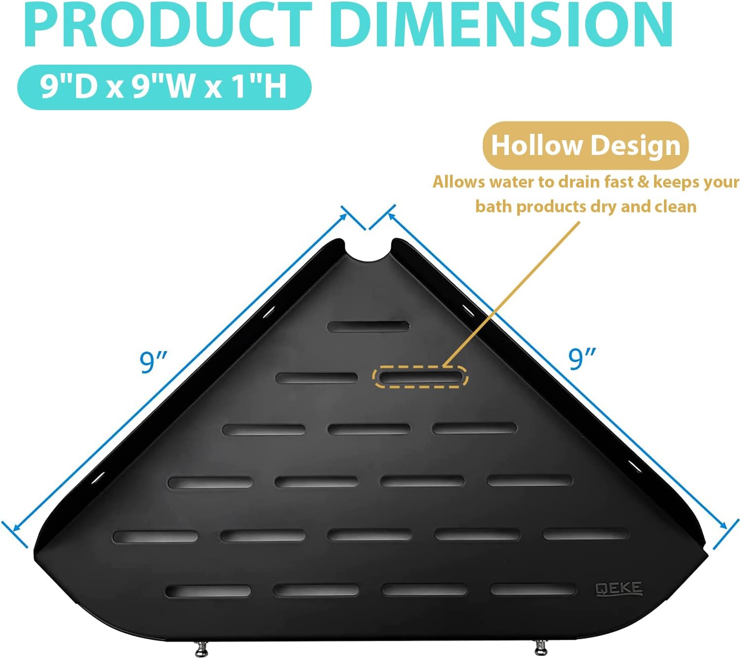 Corner Shower Shelf, 9" Corner Shower Caddy, SUS304 Stainless Steel Shower Organizer Wall Mount Corner Shelf with 2 Hooks for Bathroom, Dorm and Kitchen, Matte Black (2 Pack)