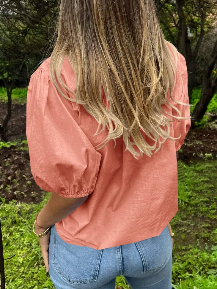 Image of Tankaneo Women's Button Down Shirts Short Puff Sleeve Collared Dressy Casual Blouse Tops