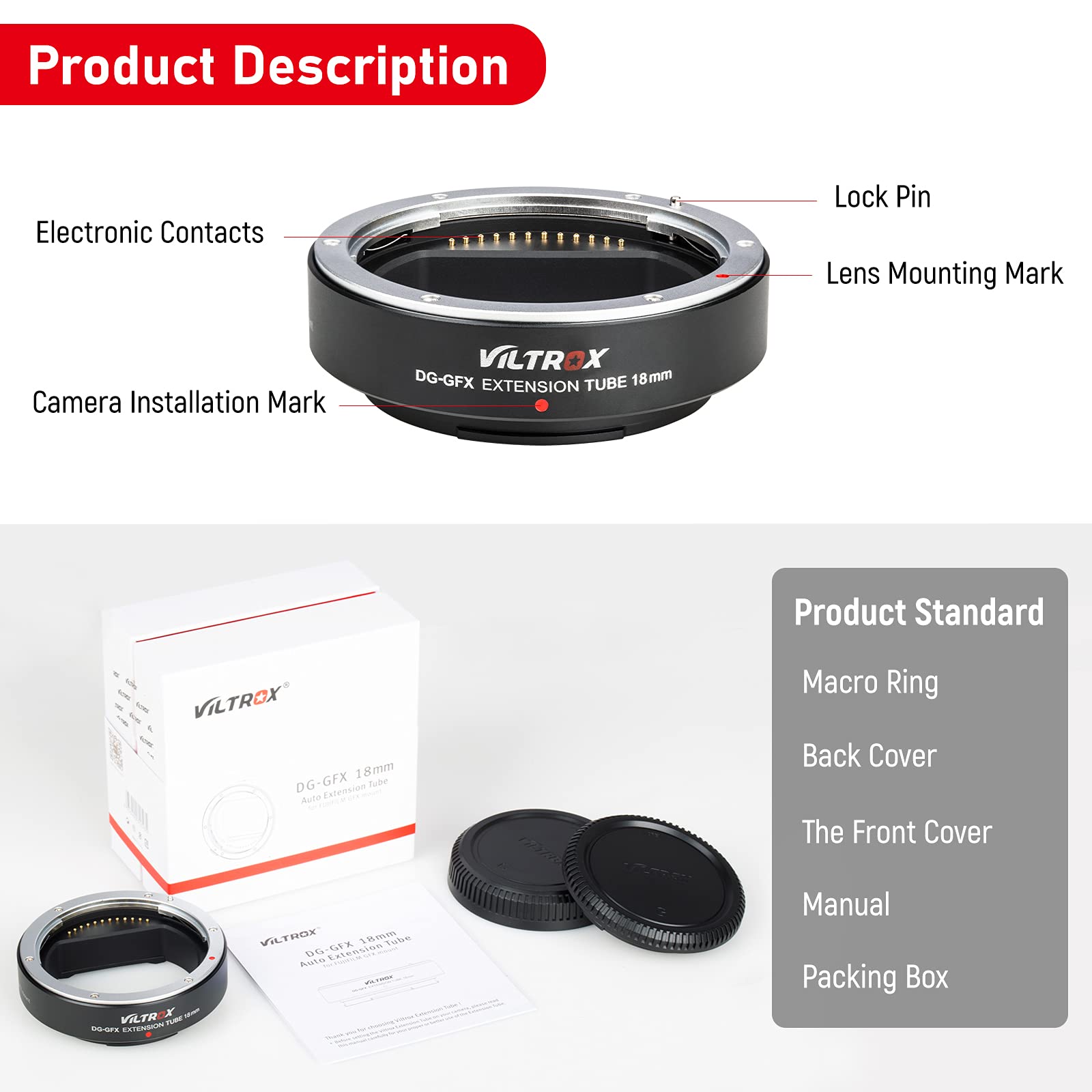 VILTROX DG-GFX 18mm Metall Makro Zwischenring Autofokus Extension Tube Adapter Ring Makrofotographie für Fujifilm Fuji GFX 50S 50R 100 Kamera