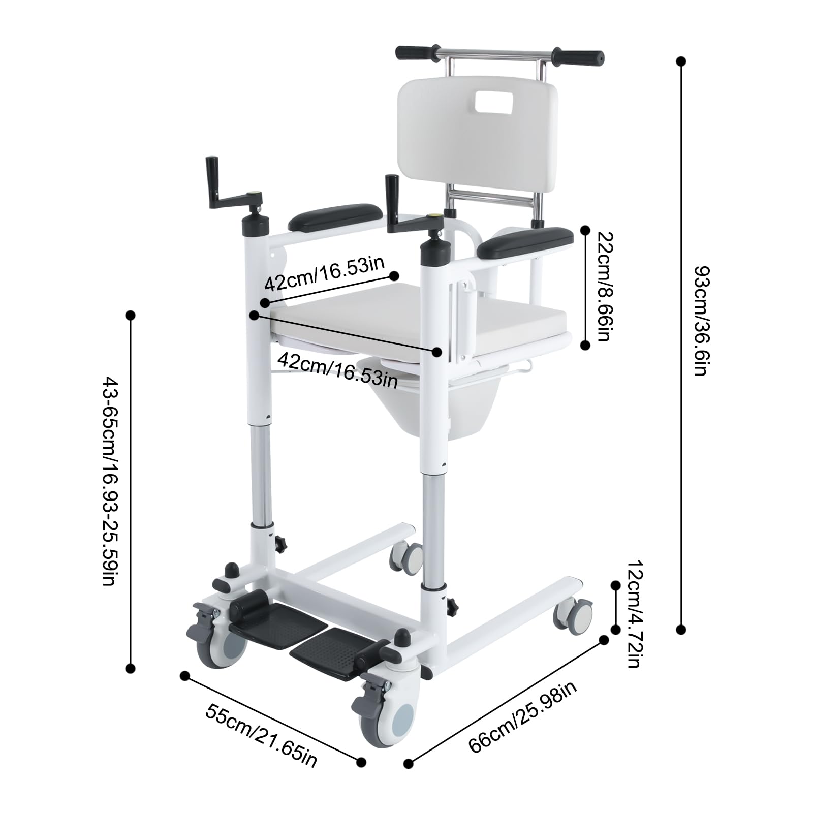 Silla de ruedas para pacientes, 120 kg, altura regulable, 43-65 cm, 2 ruedas universales y 2 direccionales, para viajes, aseo, ducha, cuidado