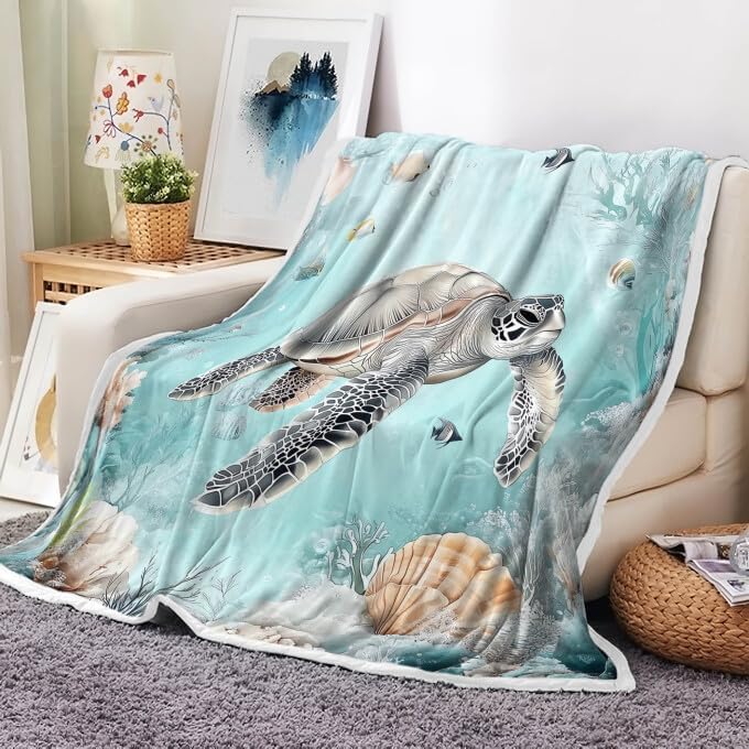 Summer Ocean Blankets, Sea Turtle Fleece Blanket, Soft, Flannel, Warm, Ocean Throw Blanket for Kids Coastal Flannel Throw Blanket, Blue Sea Bed Blankets for Bed Sofa Couch Bedroom 50X60 Inch