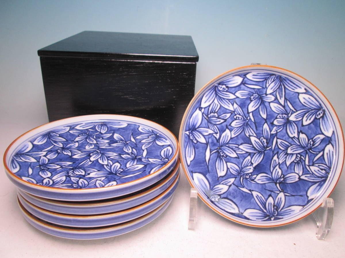 れんげ 平安 陶工 こいし陶斉 染付 花文皿 13cm 五客 箱付 料理