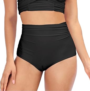 Womens High Waisted Bikini Bottoms Tummy Control Swimsuit Bottom Full Coverage Ruched Design High Leg Bathing Suit