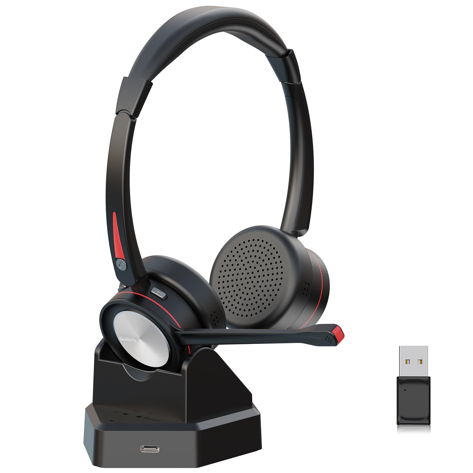 Cuffie Bluetooth con microfono per PC, cuffie wireless con adattatore USB e stazione di ricarica, 40 ore di conversazione, cuffie wireless per ufficio, lavoro, laptop, cellulare, Microsoft
