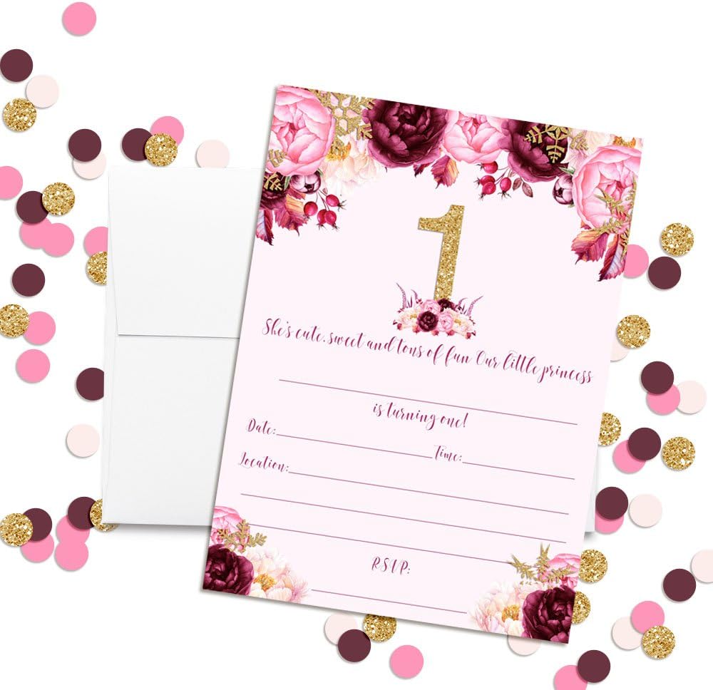 Watercolor Floral Princess with Snowflakes 1st Birthday Party Invitations for Girls, 20 5x7 Fill In Cards with Twenty White Envelopes by AmandaCreation