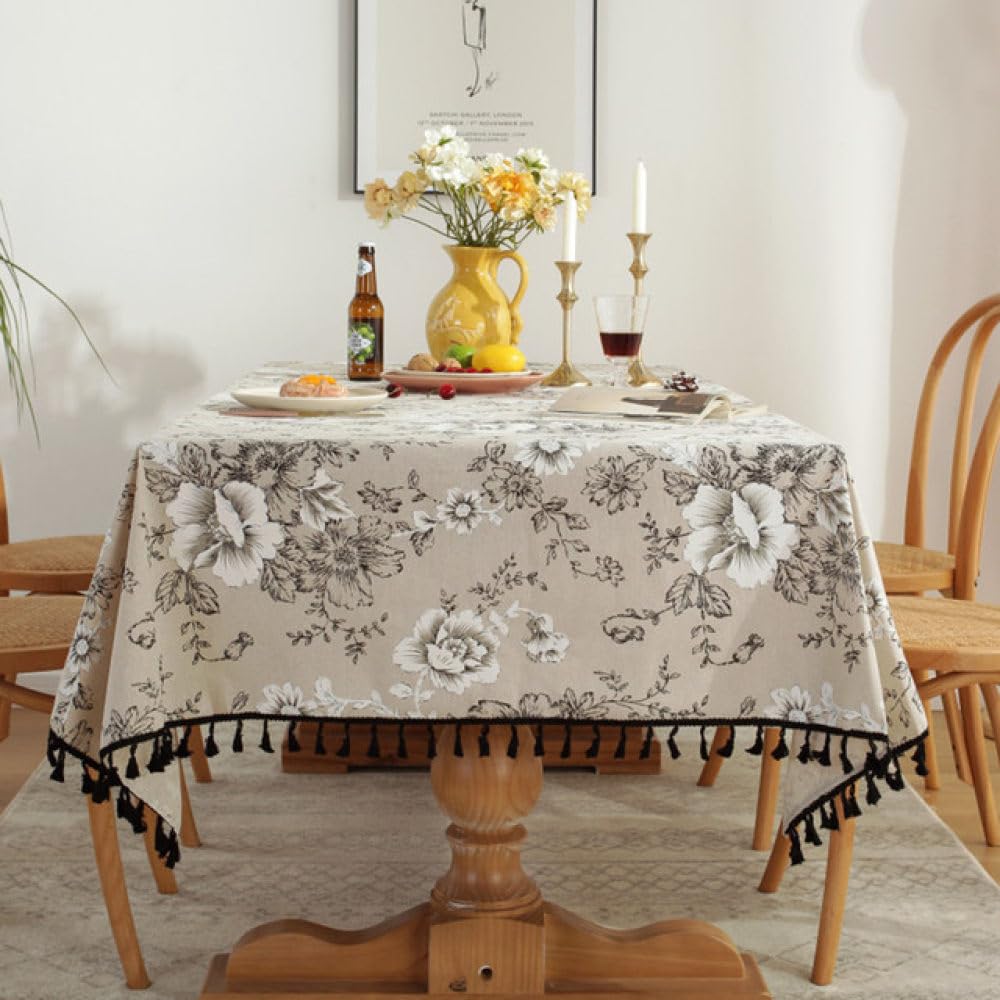 Nappe à pampilles rétro pour table basse style bohème pivoine noire et blanche