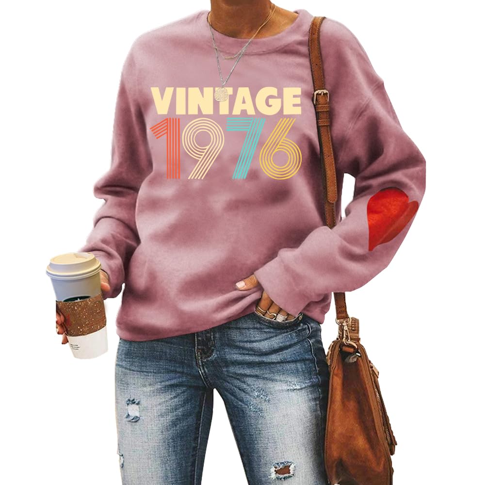 MLZHAN Vintage 1976 Women Sweatshirts 50th Birthday Gift Tops Long Sleeve with Red Heart Born in 1976 Retro Sweatshirt (Rose Gold,S)