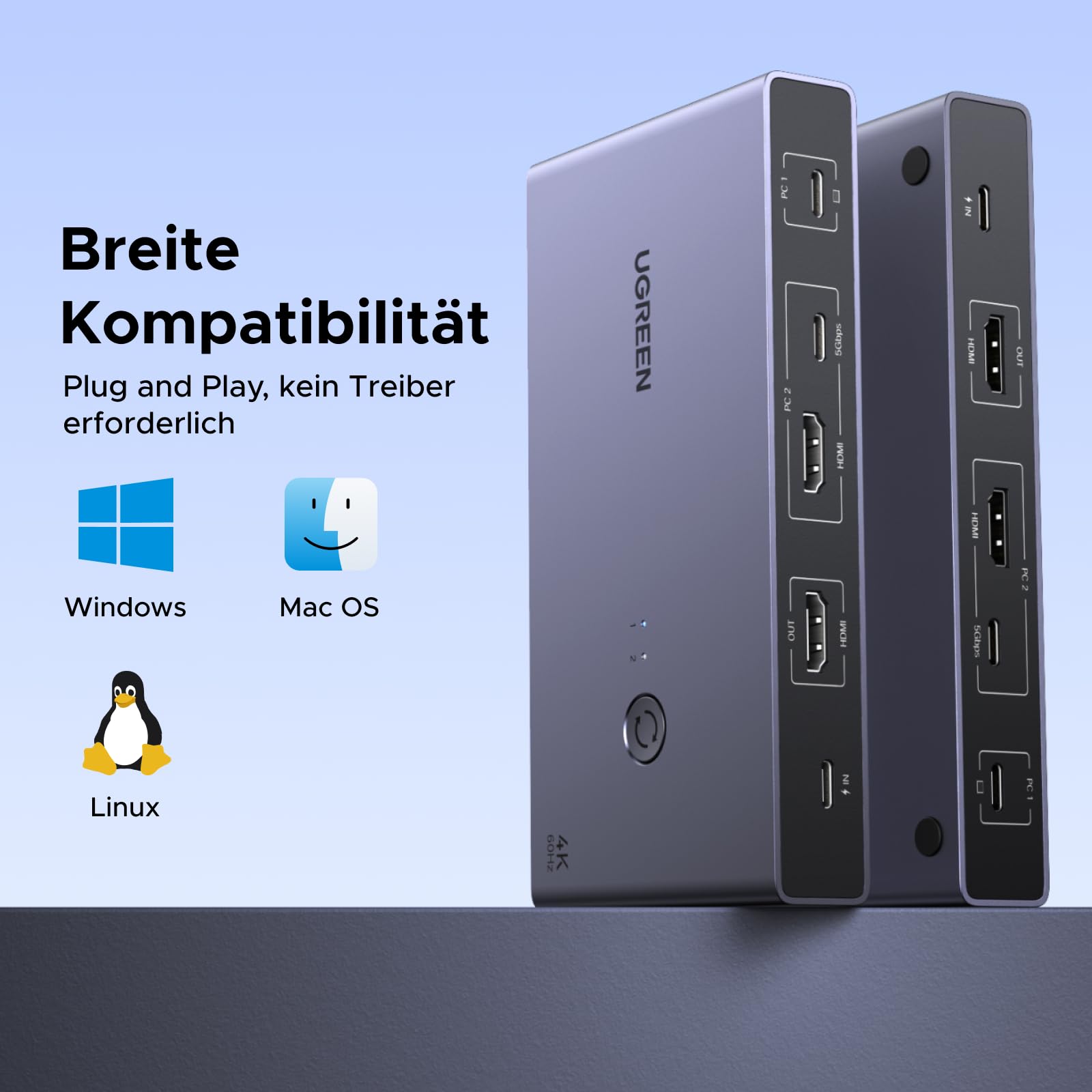 UGREEN USB C KVM Switch 4K60Hz 2 PC 1 Monitor Unterstützt EDID Verwaltung KVM Umschalter 2 In 1 Out mit 4 USB 3.0 Ports für Maus, Tastatur, Tragbare Festplatte, USB-Stick usw.