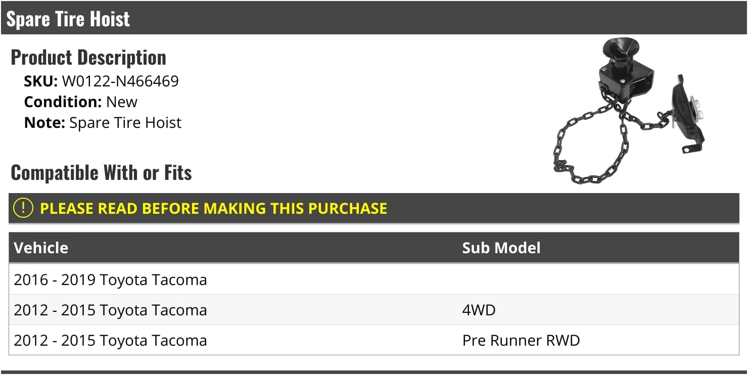 Spare Tire Wheel Hoist Winch - Compatible with 2012-2019 Toyota Tacoma