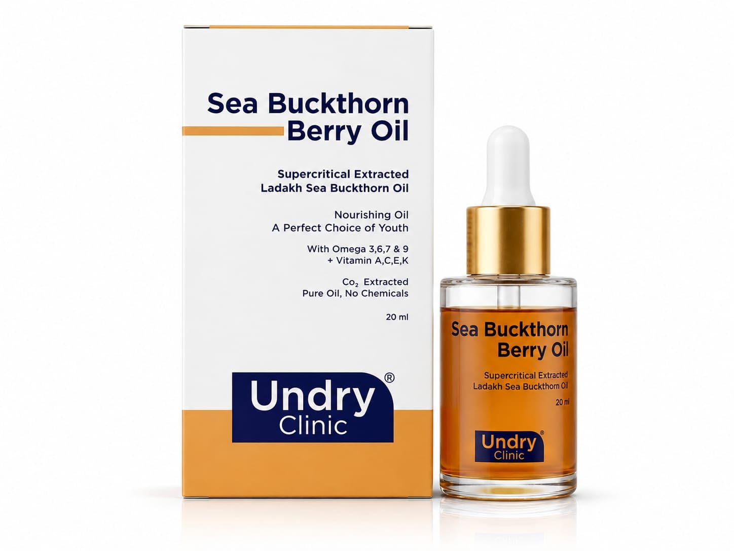 UNDRY Sea Buckthorn Berry Oil 20ml | Extracted Sea Buckthorn Oil | Face Serum | Omega 3, 6, 7 & 9 | Lightweight Daily Care Formula