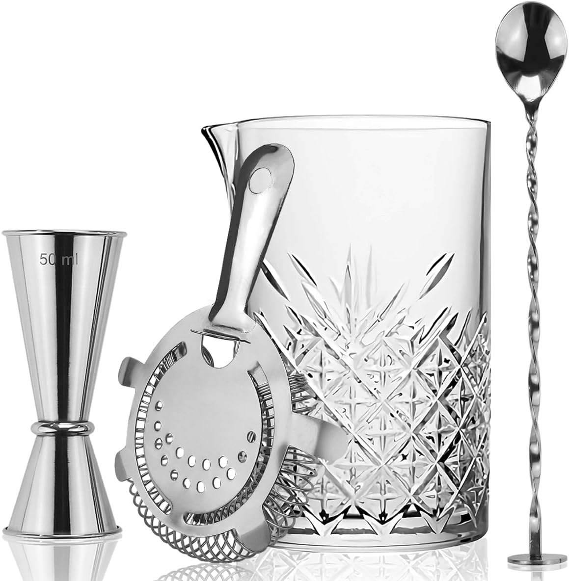 FLOW Barware Cocktail Mixing Glass Set | Cocktail Making Set Gift with 700ml Glass Pitcher, Stainless Steel Hawthorne Strainer, Japanese Drinks Jigger & Cocktail Mixing Spoon | Mixologist Kit | Silver