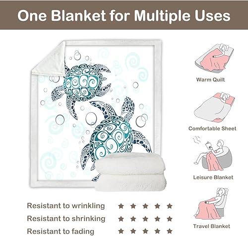 Miniatura 5 de Sleepwish Manta de vellón de tortuga marina para niños, suave felpa azul aguamarina, manta sherpa de tortuga para sofá, regalo para amantes de las