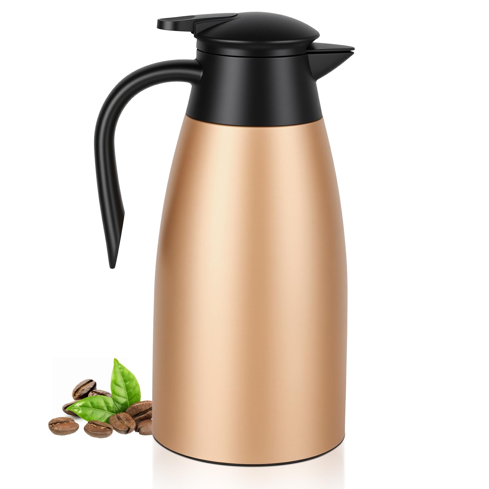 Nymblis 2L Thermal Coffee Jug, Insulated Coffee Carafe Pot with Brush, Double-Walled Thermal Insulated Teapot, Stainless Steel Thermal Jug for Hot & Cold Drink, Tea, Milk, Water (Gold)