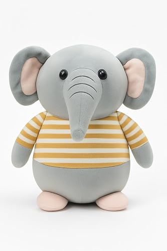Fun4you Elephant Soft Toy 30 cm | Grey Plush Stuffed Animal with Yellow Striped Shirt | Cute Cuddly Doll for Kids, Baby Girls & Boys | Birthday Gift & Room Decor
