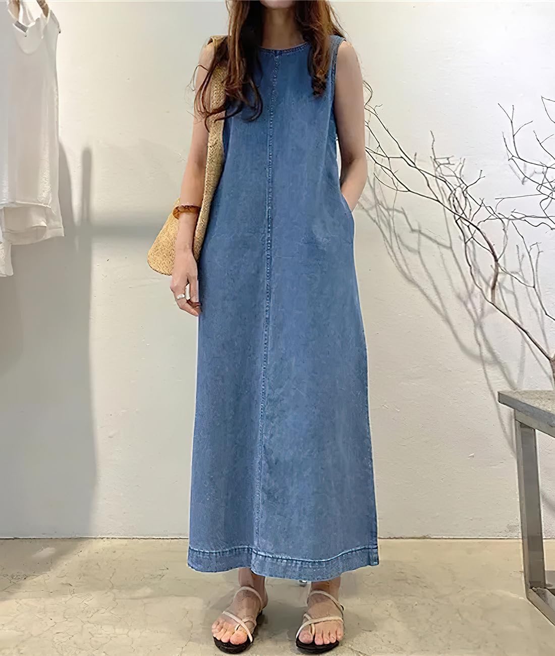 Retro Denim Jumper Dress for Women Sleeveless Crewneck Maxi Long Jean Vest Shift Dress with Pockets - Image 2