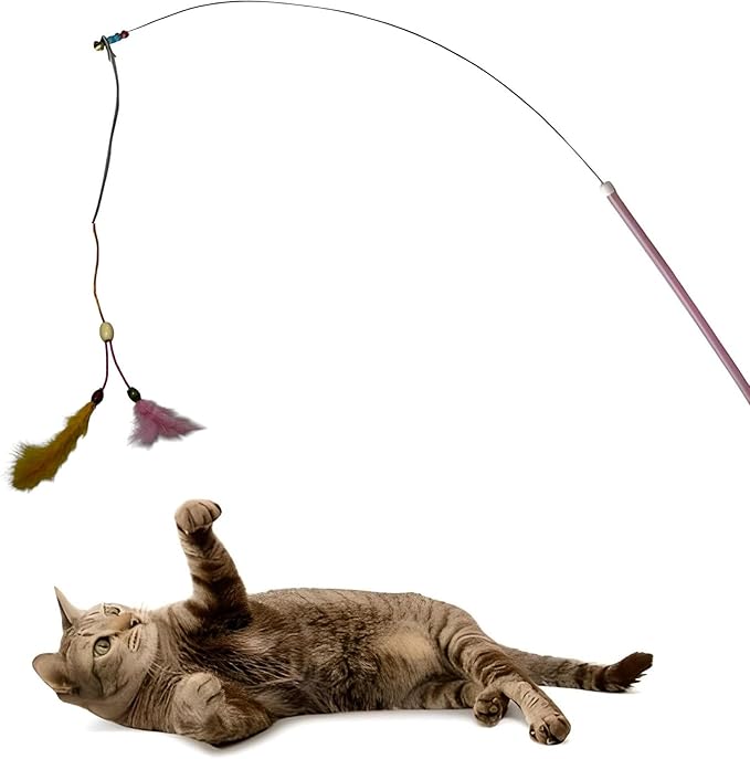 AEE® Kedi Oltası Elastik Çift Tüylü Çanlı Boncuklu Kedi Oyuncağı – 130 cm Uzunluk, Dayanıklı Paslanmaz Tel,Boncuk Dolu Sap,Zilli ve Boncuklu Interaktif Hareketli Kuş Tüylü Kedi Oyuncağı