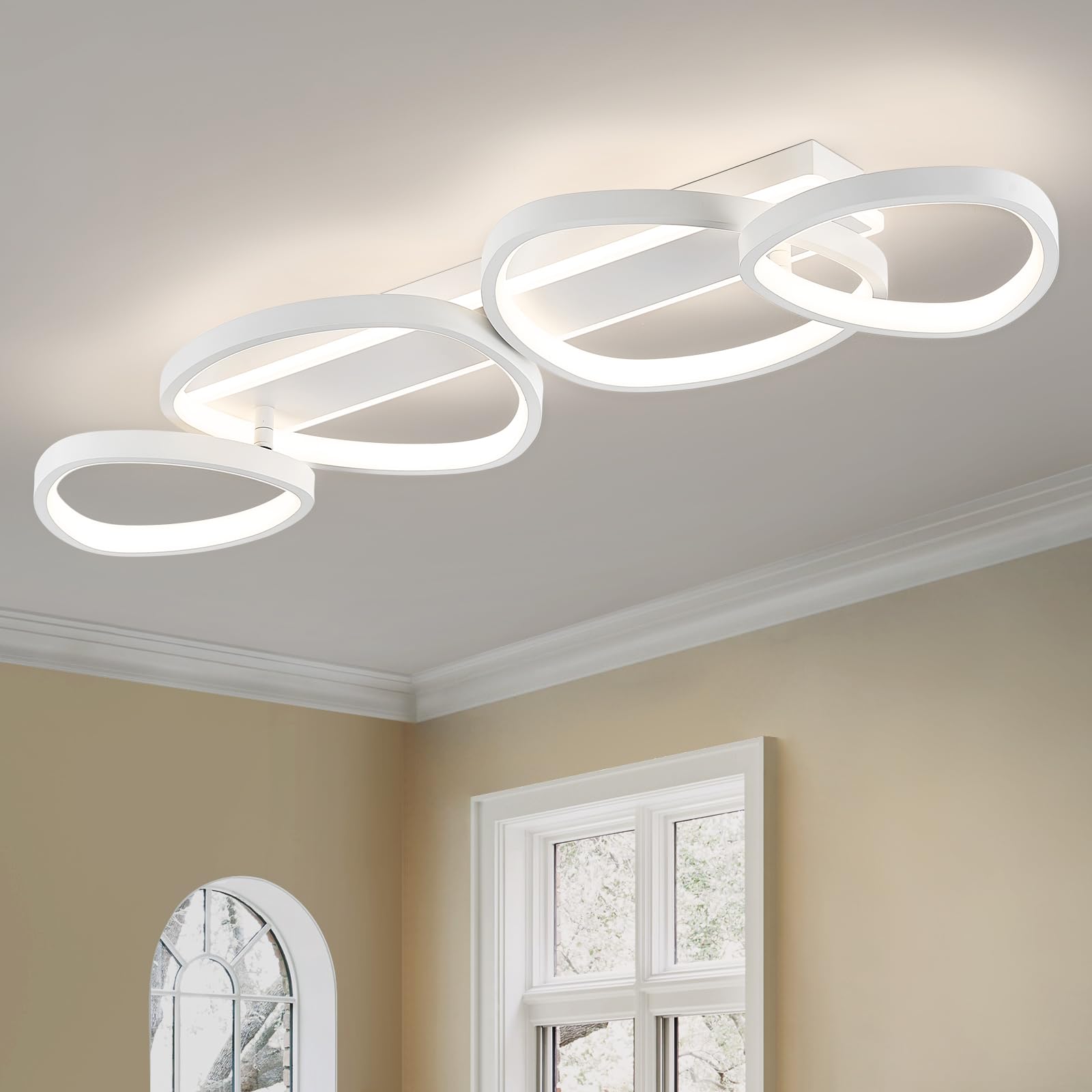 Qamra Lampara Techo Moderna 4 Anillos,Plafon LED Techo Blanca,82 cm,4000 K | Lámpara de techo de 60 W, Fabricada Principalmente con Aluminio, Hierro y Silicona,Adecuado para Bano,Cocina,Comedor