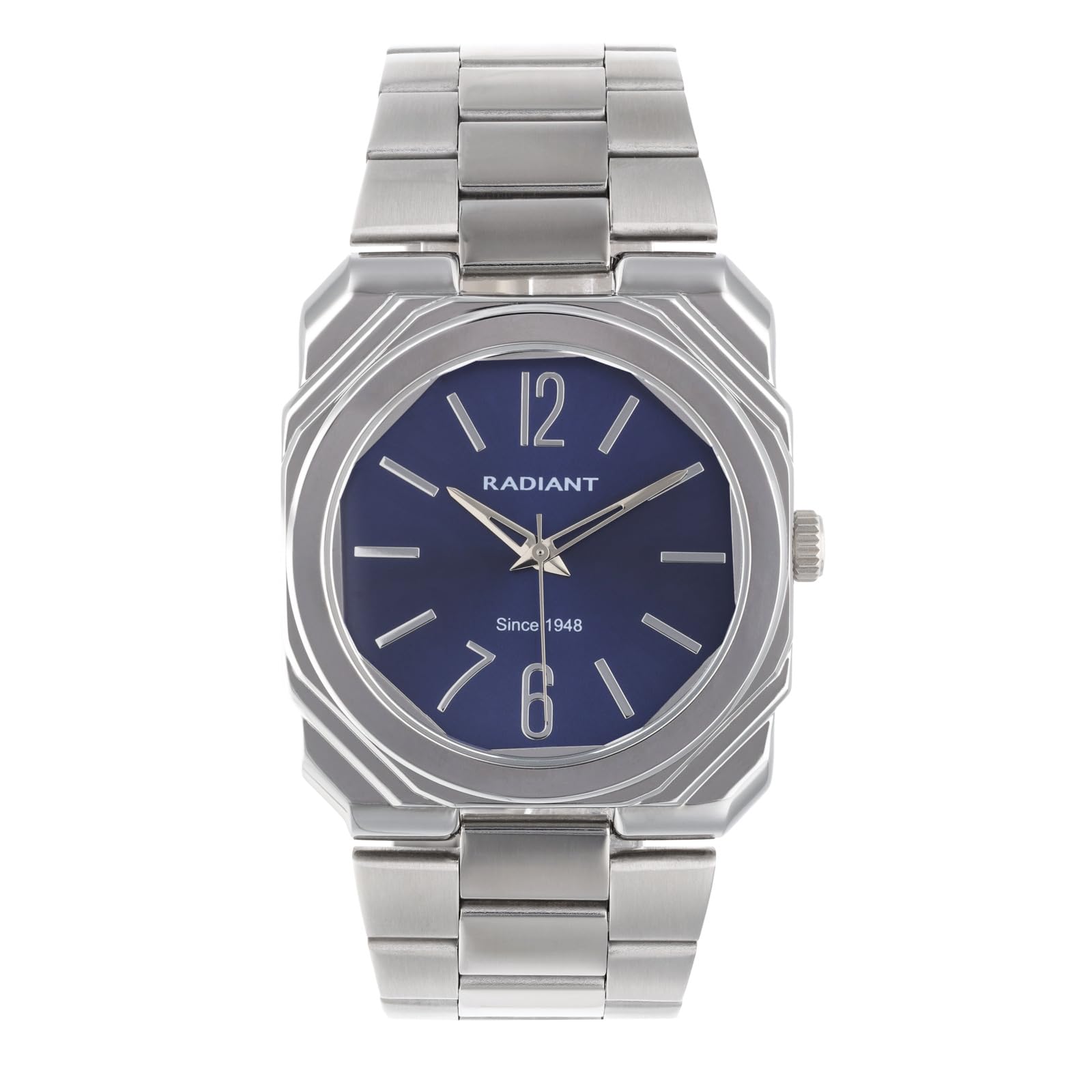 Radiant - Reloj Analógico de Analógico para Hombre, Caja Cuadrado de 40,00 mm, Esfera Azul, Brazalete de Acero Plateado/Gris con Cierre Deployant, Pila Incluida, Resistente al Agua 5 ATM
