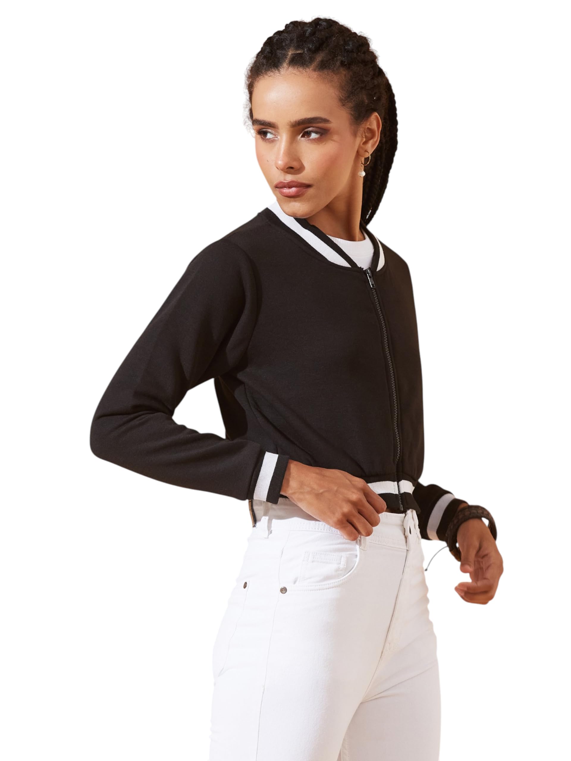 dolce crudo Women's V-Neck Full Sleeves Loopknit, Rib Bomber Cropped Jacket-picture-23