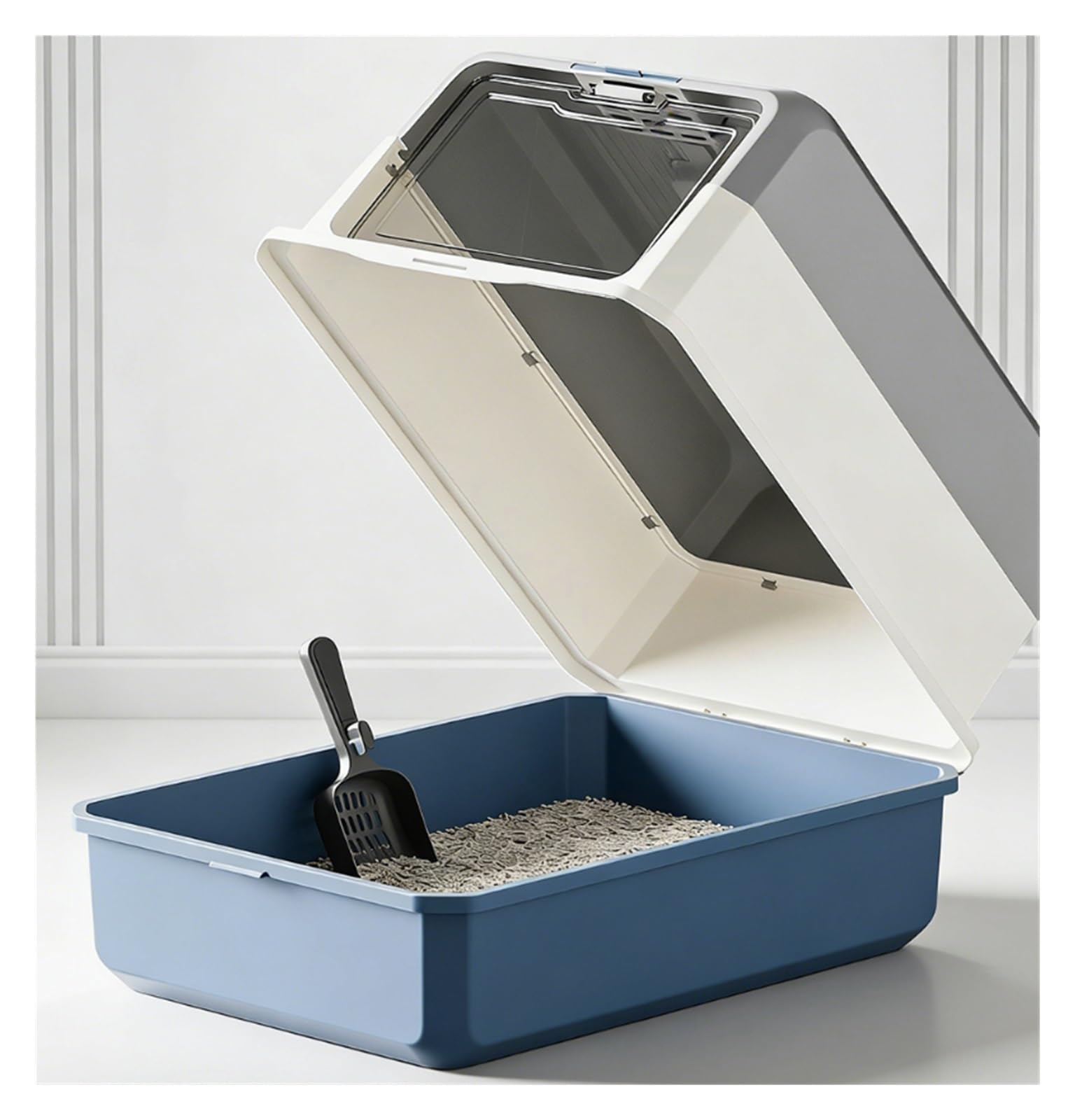 Caja de Arena for Gatos Cerrada Grande, Bandeja de Arena antisalpicaduras extraíble con Cuchara for Mascotas, fácil de Limpiar(BLU)