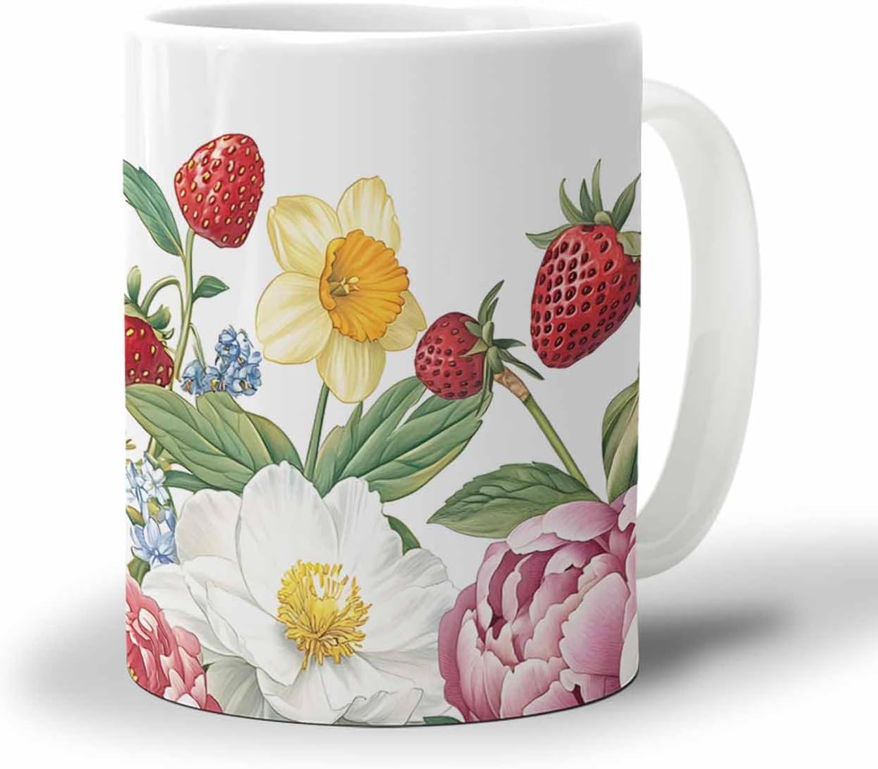 BEMIGO Ceramic Coffee Mug Spring Strawberry Ceramic Mug White Cup, Peony Flower Insulated Coffee Cup with Handle with Pattern Perfect for Tea and Hot Beverages, 12oz