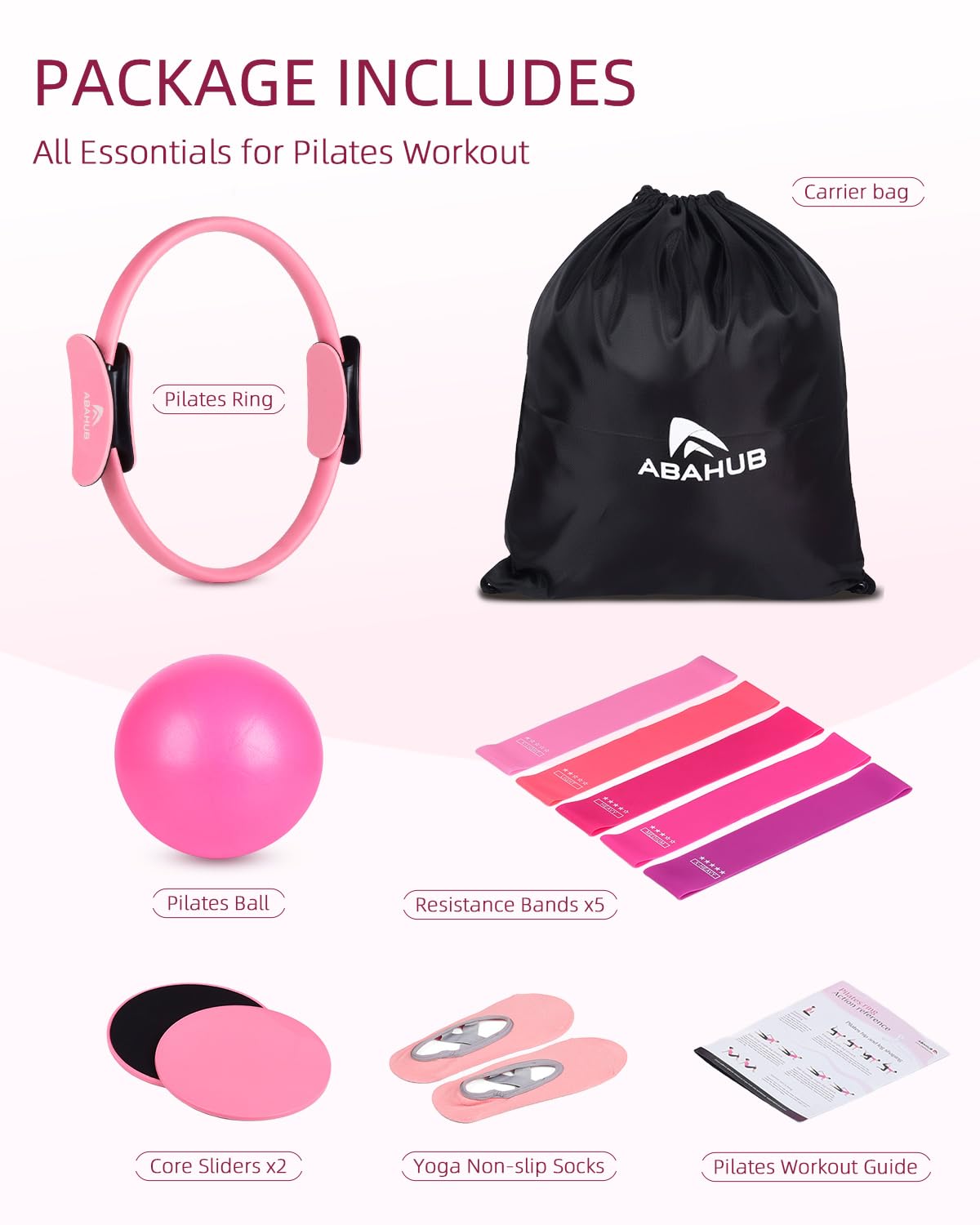 Kit Pilates Maison avec Anneau 35cm, Ballon 25cm et Bandes Résistance - Set Complet Rose