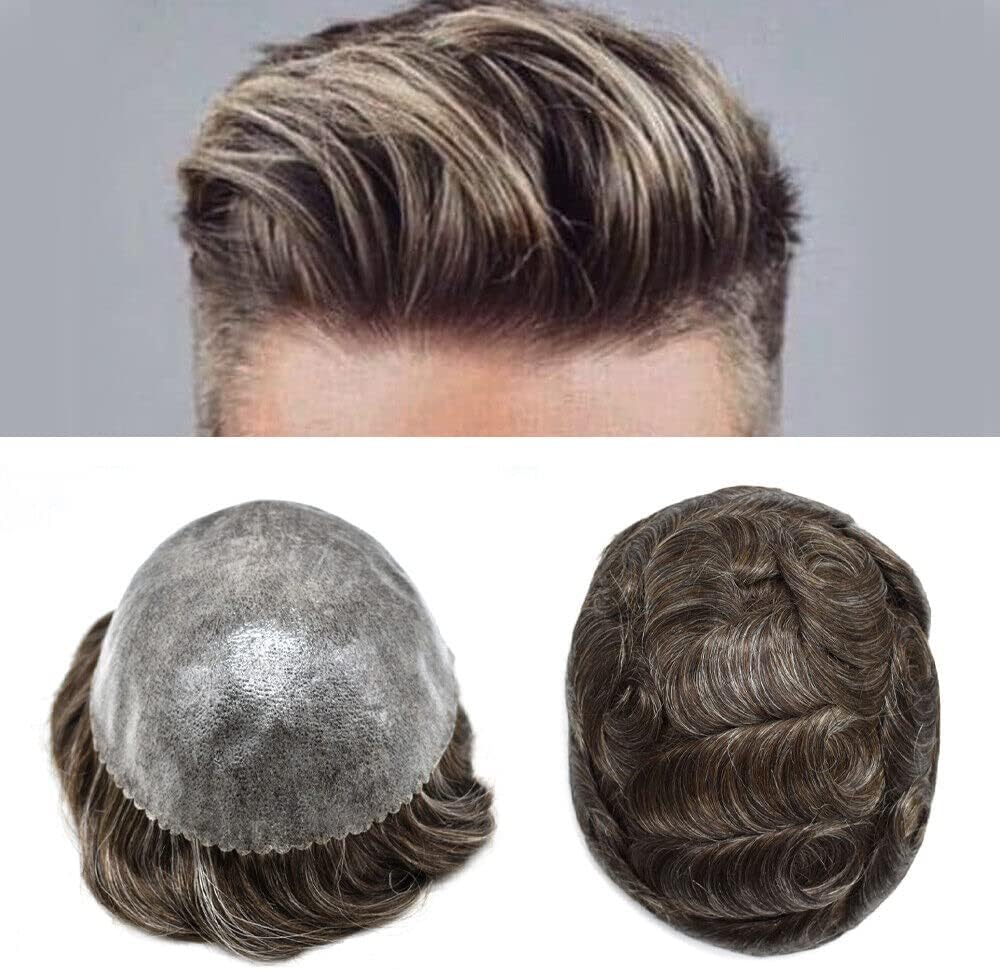 Mens Toupee Wig - Full Injected PU Skin Hairpiece - Male Prosthesis - Poly Skin Human Hair - 8"x10", #540 Medium Light Brown + 40% Gray, 110% Light to Medium