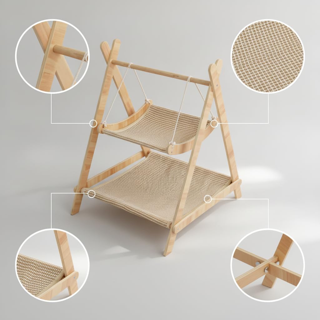 Amaca Gatto in Legno Sisal e Cuccia, Tiragraffi per Gatti Adulti, per il riposo, Amaca per gatti in legno, design a dondolo, doppio strato con superficie in sisal