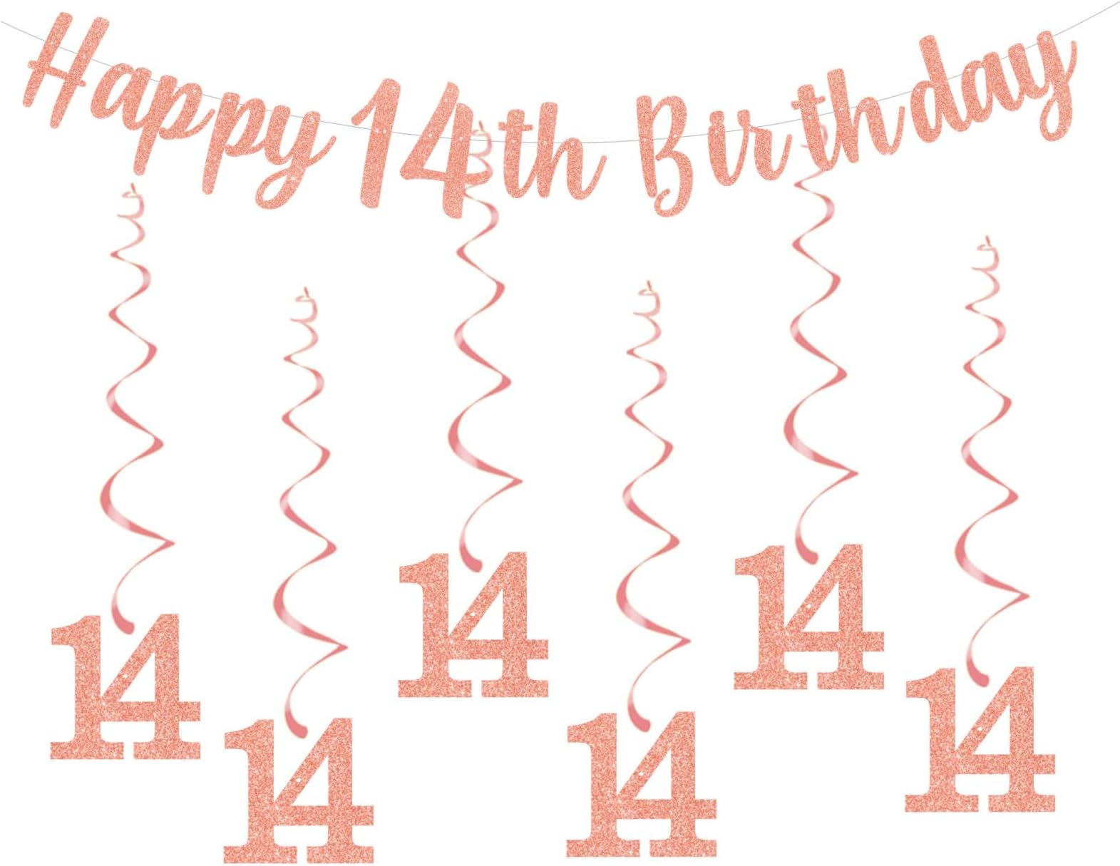 bng-bng 14th Birthday Decorations Girls Happy 14th Birthday Bunting Banner And Hanging Swirls Streamers 14 banner For Girls Age 14 Anniversary Decorations Party Decor Rose Gold