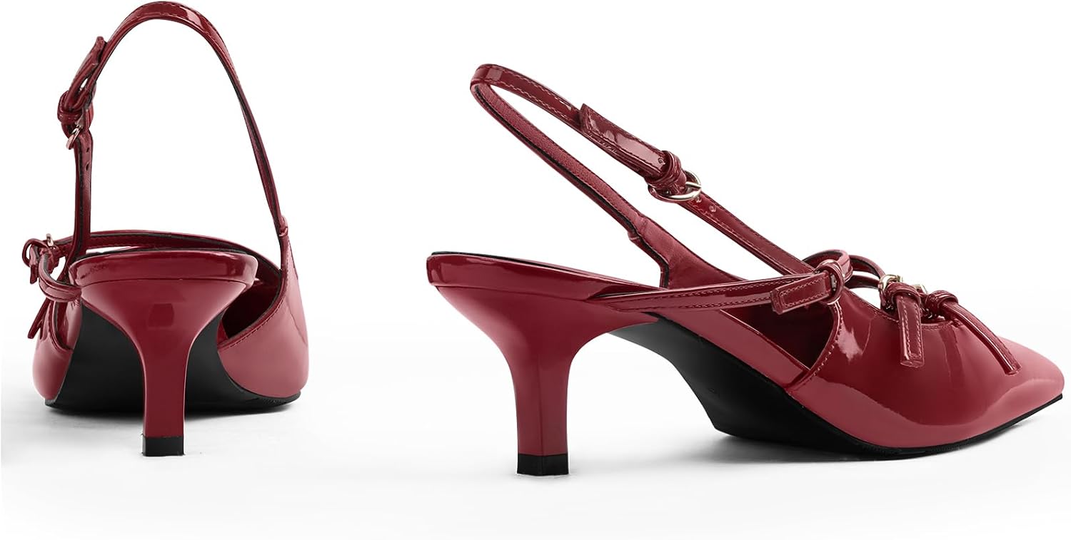 MUCCCUTE Burgundy Kitten Heels for Women Pointed Toe Slingback Low Heels with Buckle Strap Heeled Pumps US Size 7 - Image 7