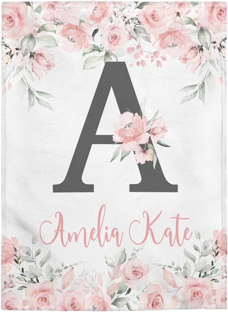 Pink Floral Baby Name Blanket, Soft Pink Watercolor Flowers Roses Monogram Baby Girl Personalized Blanket, Baby Shower Gift 30x40 inches fleece