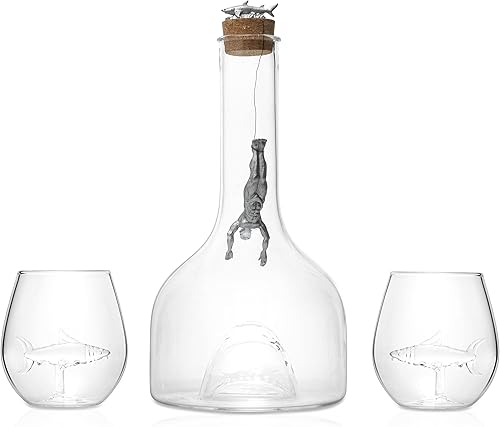 Miniatura 2 de The Wine Savant - Juego de decantador y vasos de vino y whisky de tiburón, decantador de tiburón de 33.8 fl oz con 2 vasos de 10 onzas, figura de