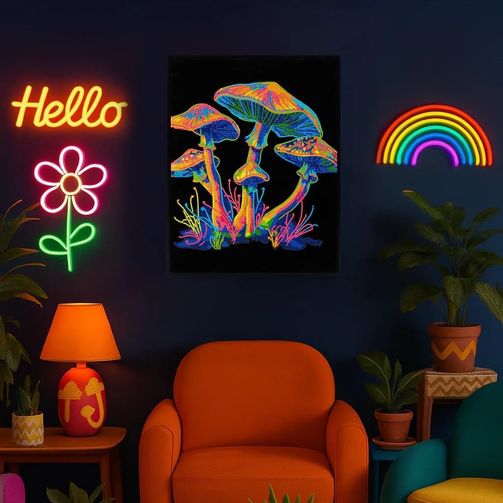 DIAMOND DOTZ Neon Flock Mushrooms Diamond Painting Kits for Adults - Colorful Diamond Art Kits a Relaxing Creative Craft Kit with Dotz Gems 18x14
