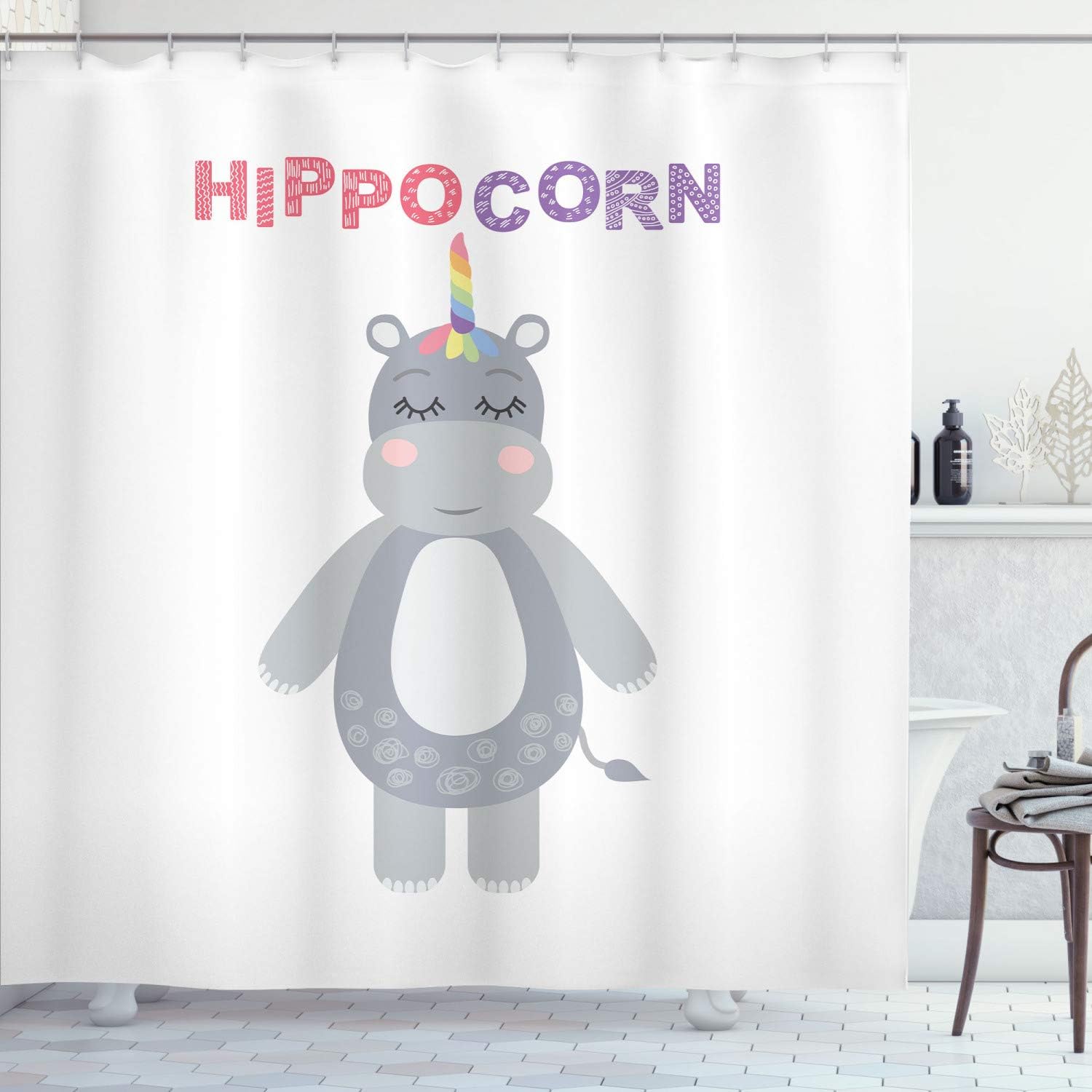 Lunarable Hippopotamus Shower Curtain, Funny Cartoon Hippo Animal Motif and Rainbow Colored Horn Theme, Cloth Fabric Bathroom Decor Set with Hooks, 69" W x 70" L, White Multicolor