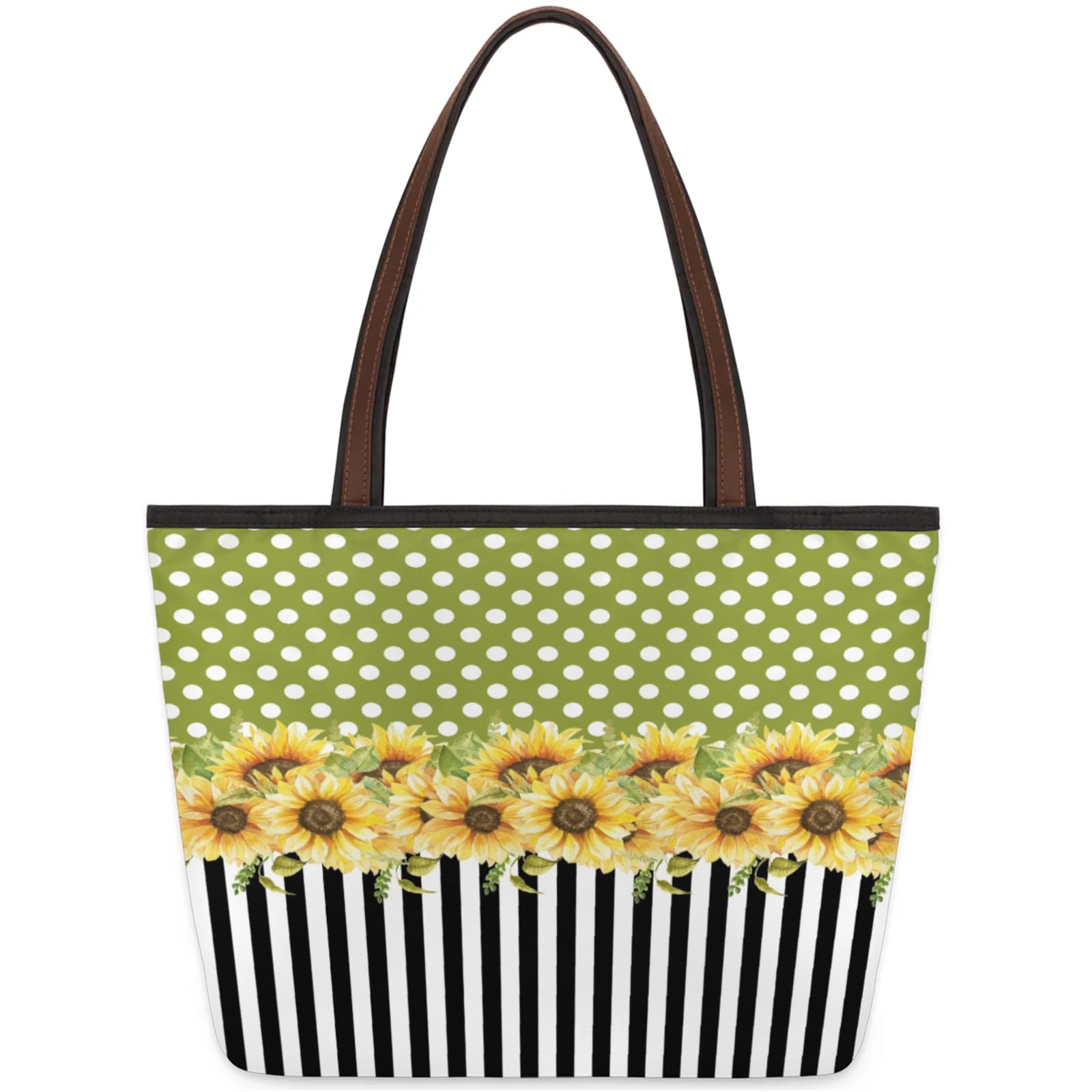 Sunflower Dot Stripe Tote Bag Multi Pocket Zippered Beach Bag Lightweight Waterproof Handbag for Women Men Work Gym Travel Swimming Yoga Grocery Shopping M